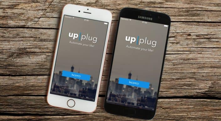 upplug, two cell phones with upplug logo on screen
