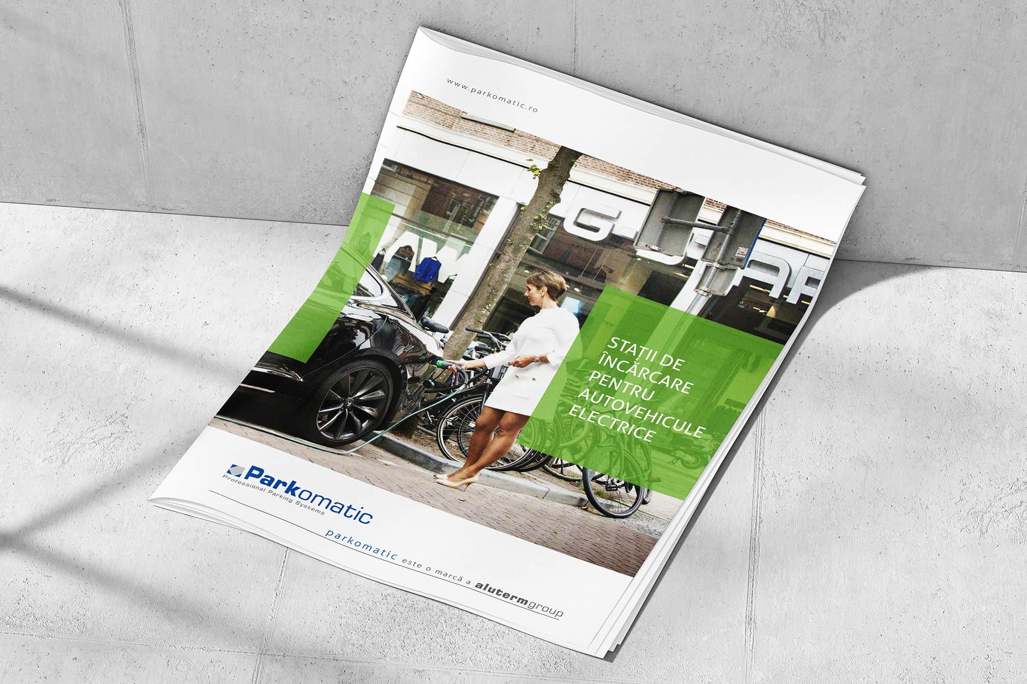 Publishing design EV Station, for Parkomatic, Romanian supplier, publishing design, brochure and catalog design